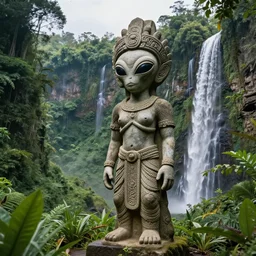 Maya stone statue of an alien in front of a beautiful valley with a waterfall in the jungle, award winning photography, 8k