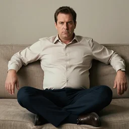 full body photo of steve, mature male, mysterious face. he is a doctor. he is sitting gracefully on a sofa, elegant slim beige shirt, enormous bubble belly