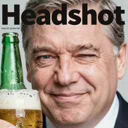 headshot magazine cover photo of viktor orban winking with beer, close - up on face, detailed eyes, furrowed eyebrows, peter lindbergh, studio lighting