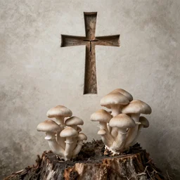 a small family of conical oyster mushrooms is located on a rotten stump, which suspiciously reach for an unusual symbol on the wall depicting a dissected cross
