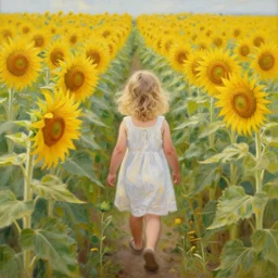 a babe 3 years old slowly walking through amazing tall sunflower field, her blond curly hair flowing down, subtle, intricate details, real masterpiece, oil on canvas, by somsak anong