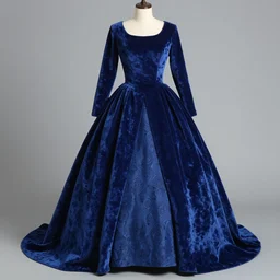 the basque and tablier of this dress were of royal blue plush and the draped demi - train was of moire of the same tint.