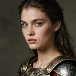 close - up portrait of beautiful model dressed gladiator with metallic armor, art helmut newton