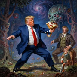 donald trump being attacked by sawmill gravy, cosmic horror painting, elegant intricate digital painting artstation concept art by mark brooks and brad kunkle detailed