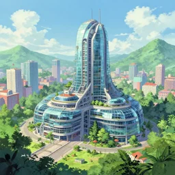 a beautiful very detailed anime illustration of building spaceport by wes anderson, wilderness made of glass sci - fi vice city synthwave nature, archdaily, wallpaper, highly detailed, trending on artstation.