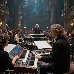 the maestro conducts different kinds of synthesizers, wide shot, epic, fantasy