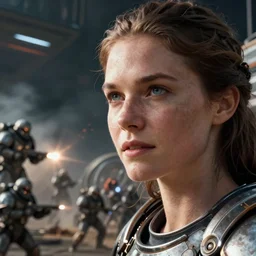 VFX movie of a futuristic spacemarine closeup portrait shooting the enemy in war zone, beautiful natural skin natural lighting by Emmanuel Lubezki