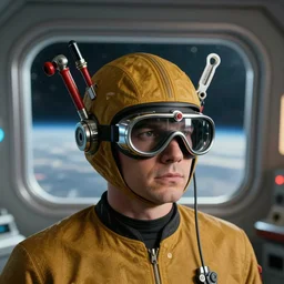 geordi la forge wearing chrome googie visor and hardware tools on his head, mid - century modern, outer space in background window, single image, photograph