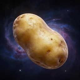 rotten potato floating in the universe with nebula in the back, digital art, highly detailed, photo realistic