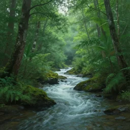 river flowing through a lush green forest, a matte painting by igor zenin, deviantart, ecological art, mystical, enchanting, soft mist