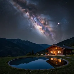 a beautiful double exposure of a deep field astrophotography image of andromeda by hubble in the sky and a night time landscape with mountains, reflecting pool, wooden chalet, lpoty, award winning, apod