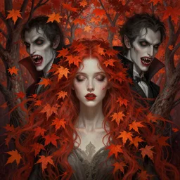 girl with with hair becoming autumn red leaves trees, vampires with bloody fangs, intricate, dreamy, digital painting, artstation, concept arti, unreal engine 5, 8 k, art by artgerm and greg rutkowski and alphonse mucha