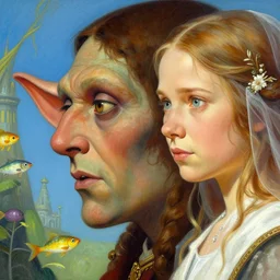 closeup profile medieval nicoletta ceccoli, mark ryden, lostfish, hyung tae, frank frazetta, face portrait of medieval goblin and greta thunberg marriage portrait, hyper realistic, artstation, illustration, digital paint, matte paint, vivid colors, bright, cheerful, detailed and intricate environment