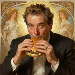 painted portrait of ( mike wallace ) eating giant hamburgers, mature, handsome, fantasy, intricate, elegant, highly detailed, digital painting, artstation, concept art, sharp focus, illustration, illumination, holy ethereal light, art by gaston bussiere and alphonse mucha