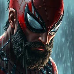 gladiator, spiderman with beard, wet, raining, close up, rim lighting, portrait, sinister atmospheric lighting. highly detailed painting, anime style