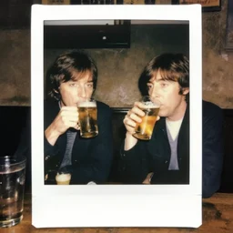 Paul Mccartney and old thin John Lennon drinking beer at a dirty pub, 1990s, polaroid