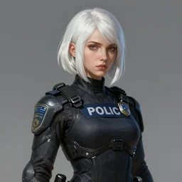 portrait of a woman by greg rutkowski, she is about 4 0 years old, petite and strong, white bob hair, apathetic attitude, she is wearing a futuristic police gear, highly detailed portrait, digital painting, artstation, concept art, smooth, sharp foccus ilustration, artstation hq