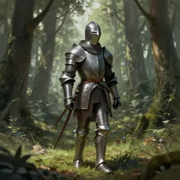 a concept art of a knight wandering in a forest