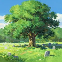 ash tree in the middle of graveyard in summer landscape, ground panorama, gouache matte painting by makoto shinkai zorn makoto shinkai