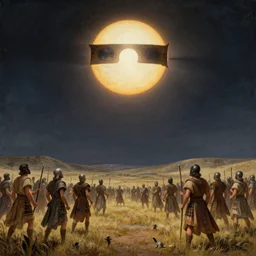 a total solar eclipse fills the sky, warriors on an ancient battlefield stop and look up as the sky goes dark. 5 0 0 bc. clear, detailed, well composed beautiful painting by magali villanueve, dramatic lighting, rich colors.