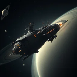 ancient spaceship in orbit around saturn, steampunk, steam, dark gothic, photorealistic