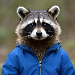 anthropomorphic racoon,, male, blue jacket