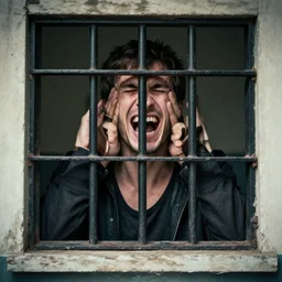 a smiling man who's forehead is a prison window inside which we see a man screaming in despair