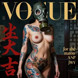 super model with 1930s gas mask, Japanese yakuza tattoo all over her curvy body , blue and red tattoo, Vogue issue January, asian calligraphy style, painted by Tom Bagshaw , 4K, Art Station, Syn Mead, highly detailed, cinematic back lit, noir film
