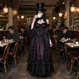 full body portrait photo of reol wearing a elegant gothic dress, open top, wearing a tophat, and glasses. drinking coffee in a busy vintage cafe. studio lighting, at night, realism, realitic, ( ( photograph ) )