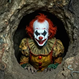 photo of a creepy clown hiding in a cave