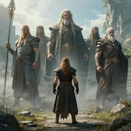 one who defies the gods standing Infront of the gods, concept art, unreal engine, realistic, fantasy, scenic background,