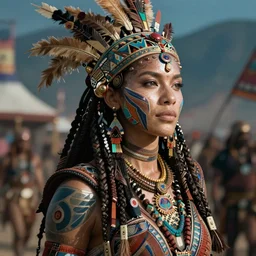 hyper realistic photography portrait of postapocalyptic cyberpunk cyborg tribal warrior amazon cinematic, brom, mucha, moebius juan gimenez coachella burningman artstation