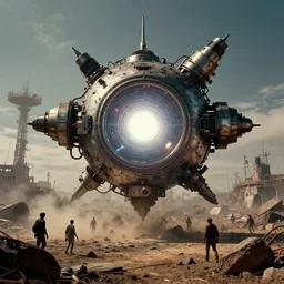teleportation machine in a post - apocalyptic world, with people using it to escape the wasteland, the machine is a large metal contraption with a bright light in the center by thomas kinkaid, leica color