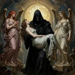 a grim reaper clutching a woman, by Rolf Armstrong and Evelyn De Morgan and Bastien Lecouffe-Deharme, dramatic lighting, high contrast colors, baroque, empyrean, panoramic view, as trending on Artstation, highly detailed, doom engine,
