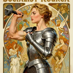 socialist realism propaganda poster of margot robbie as beautiful female muscular weightlifter armoured knight, portrait, profile picture, socialist realism, highly detailed, intricate, digital painting, artstation, sharp focus, illustration, art by jakub rozalski, greg rutkowski, artgerm, tan zi and ayanamikodon and alphonse mucha and wlop