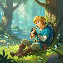 a concept scene illustration of link sitting in woods of hyrule playing ocarina, with a crystal texture and a dreamy atmosphere ， super wide angle ， matte painting ， rtx on ， trending on cgsociety and artstation