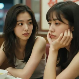 movie interior closeup beautiful Japanese models couple closeup sitting and at 50s diner, night in the city, beautiful skin, by Emmanuel Lubezki