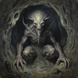 a depiction of an eldritch cave monster, oil on canvas, zdzisław beksinski, 4 k