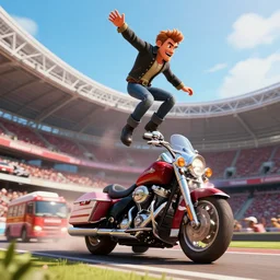 evel knievel jumping over busses on harley davison at wembly stadium 3 d studiomax, maya 3 d, unrealengine, 4 k, 8 k, hdr, extreme render, mind - bending reality, hyper detailed, wide angle ultra - vivid, photo - realistic nikon 3 5 mm, photograph
