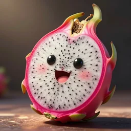a cute emoji character of a sliced dragonfruit happy.