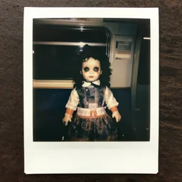 aged polaroid photo of a scary doll in a london subway, gloomy, grainy