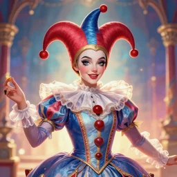 award winning digital portrait of a feminine attractive male jester at a magnificent circus, beautiful circus themed background with soft colors and lights, trending artstation, digital art, aesthetic, bloom, intricate, elegant, sharp focus, digital illustration, highly detailed, octane render, digital painting, concept art, fantasy, masterpiece, by lisa buijteweg and sakimichan
