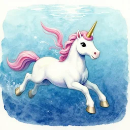a unicorn swimming under water. realistic watercolor and pencil painting.
