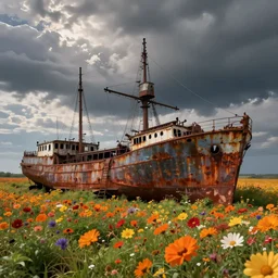 rusty abandoned ship is sailing in the sea of flowers