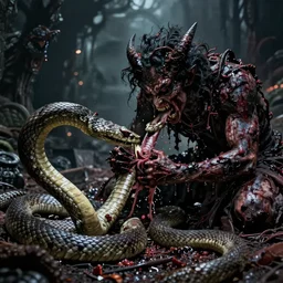 person being eaten by snakes, dark, epic, atmospheric, nightmare, horror, decay, terror, agony, demonic, hellish, satanic, 8 k