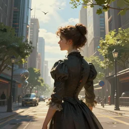 portrait of a victorian lady in a futuristic city, from behind, streets, birds in the sky, sunlight and rays of light shining through trees, tall buildings on the sides, beautiful, solarpunk!!!, highly detailed, digital painting, high octane render
