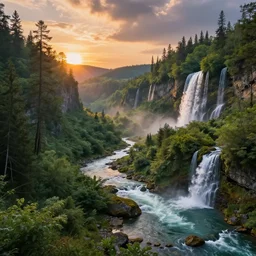 forest valley landscape with river and waterfalls in the sunset, magic fantasy, digital art, highly detailed, trending on artstation, Greg Rutkowski, Andreas Rocha, Darek Zabrocki, Sylvain Sarrailh, Dan Mumford, Peter Mohrbacher, Thomas Kinkade