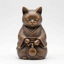 elegant seductive anthropomorphic cat figurine wearing a kimono, hand carved brown resin, toggles, very highly detailed, intricate, monotone, shy looking down