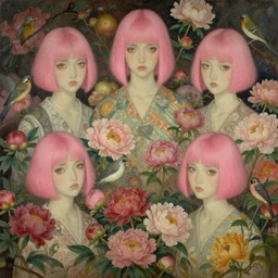 breathtaking detailed concept art painting blend of few pink short hair goddesses of peonies flowers by hsiao - ron cheng with anxious piercing eyes, vintage illustration pattern with bizarre compositions blend of flowers and fruits and birds by beto val and john james audubon, exquisite detail, extremely moody lighting, 8 k