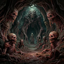 a horrifying terrifying mysterious ominous creepy scary dark cave built out of flesh and monsters, sci - fi, fantasy, abstract art, surrealism, horror, body horror, lovecraftian, retrofuturism, traditional art, 4 k, hd, concept art, digital art, trending on artstation